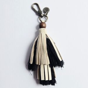 The Sak Leather Tassel Keychain Purse Charm Black & White Wood Bead Accent Boho